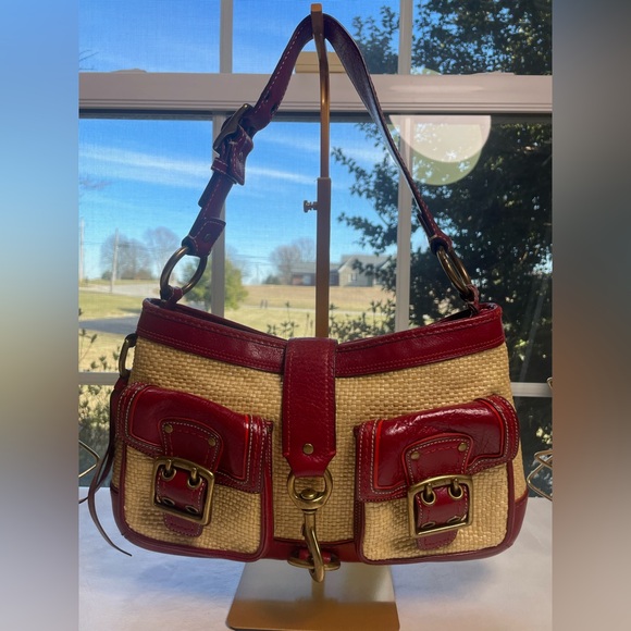 Coach Handbags - Coach Y2K Legacy Buckle Straw Shoulder Bag with Red Patent Leather Trim